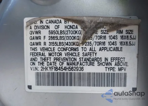2004 Honda Pilot Ex z USA, uszkodzony, nr VIN 2HKYF18454H562936